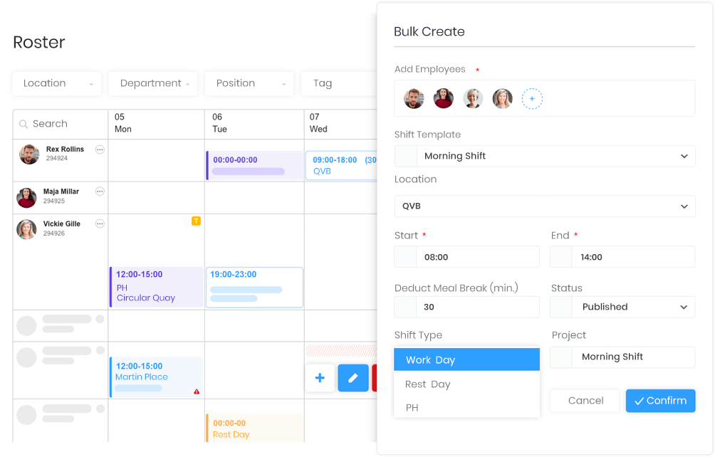 Create shifts with just a few clicks using shift templates, allowing for bulk rostering, flexible meal breaks, and clear locations. Shifts sync in real-time through both the Web and App to reduce workload and increase efficiency anytime, anywhere.