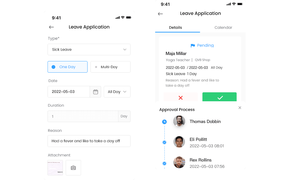 Streamline leave management with our App and Web. Employees can easily request time off, while managers can quickly approve or reject requests with comments and notes, our solution ensures for easier collaboration.